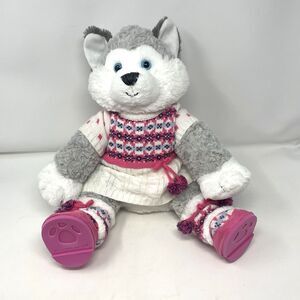 Build a Bear Gray Husky Plush Wolf Pup BAB, Pink Fair Isle Sweater Dress & Boots